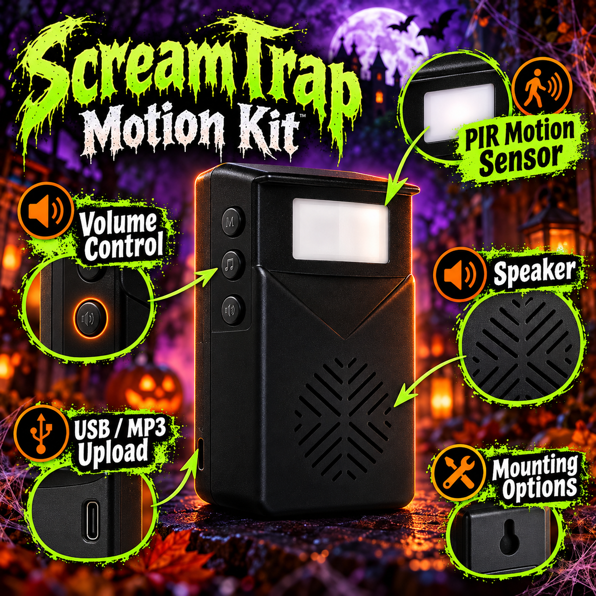 Motion sensor, volume controls and USB MP3 upload