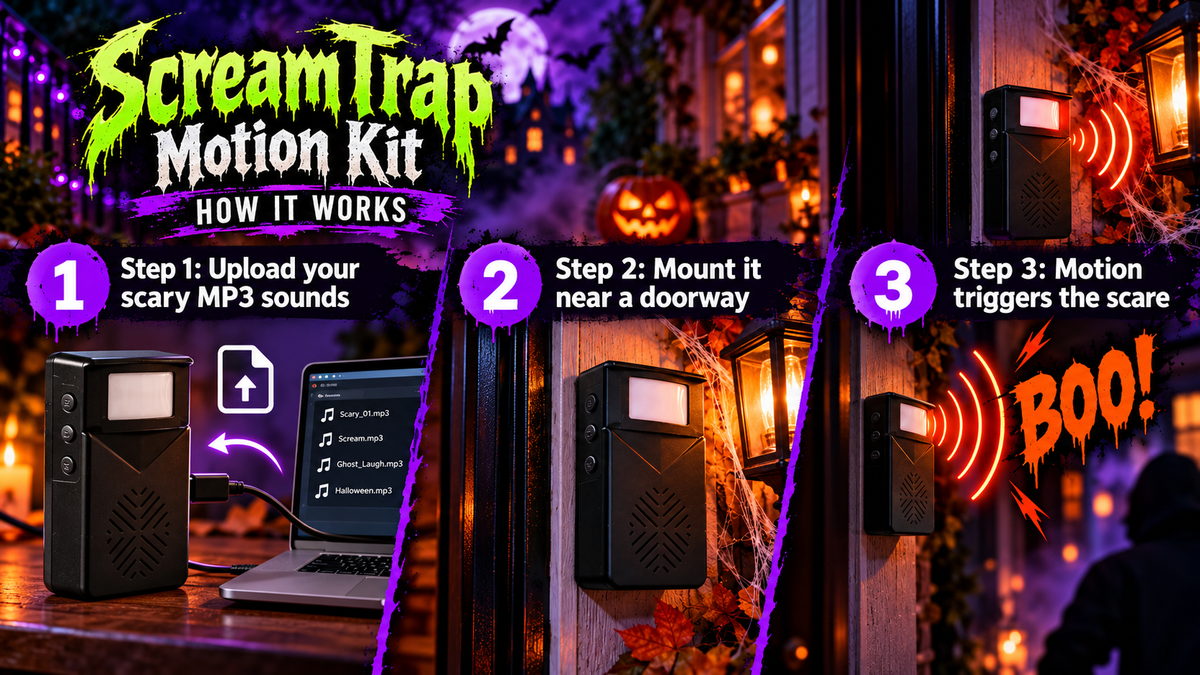 Upload your MP3, position the device and trigger with motion